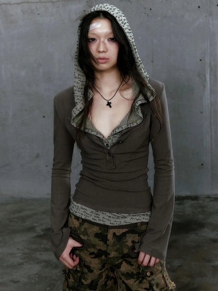 Hooded Top Patterned Undershirt Grunge Hooded Top Patterned Undershirt Grunge — Grunge Outfits