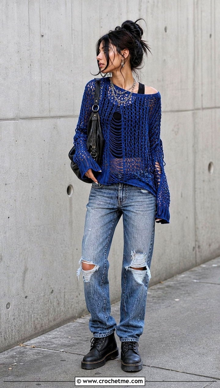 Distressed Denim Sweater and Bra Distressed Denim Sweater and Bra — Grunge Outfits