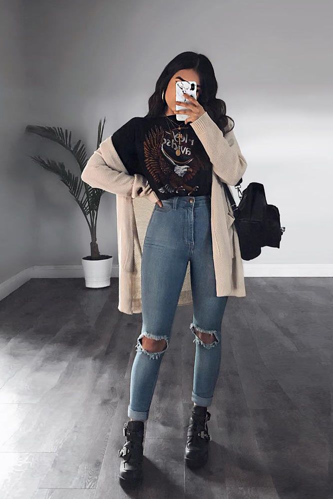Ripped Jeans Graphic Tee Cardigan Ripped Jeans Graphic Tee Cardigan — Grunge Outfits