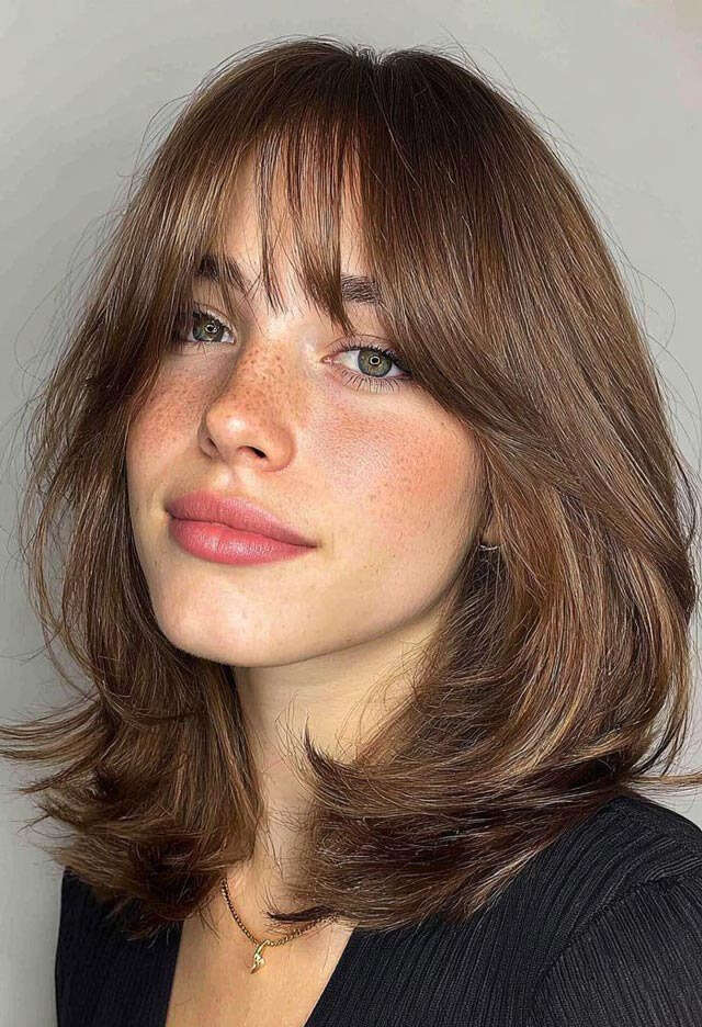 Layered Lob With Soft Waves And Blunt Bangs Layered Lob With Soft Waves And Blunt Bangs — Hair with Bangs
