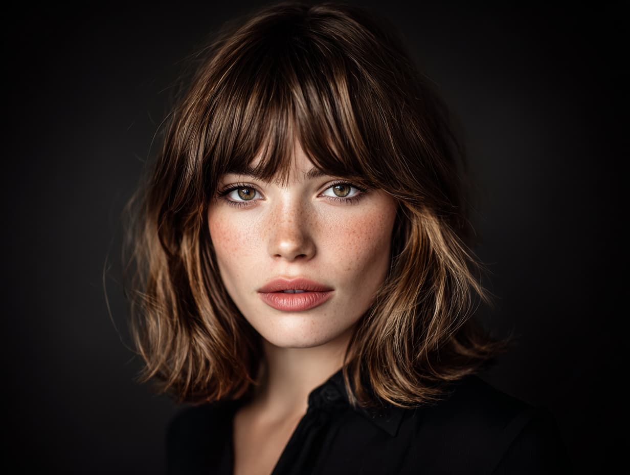 Chin Length Blunt Bob With Sharp Bangs, Dark Brown Chin Length Blunt Bob With Sharp Bangs, Dark Brown — Hair with Bangs