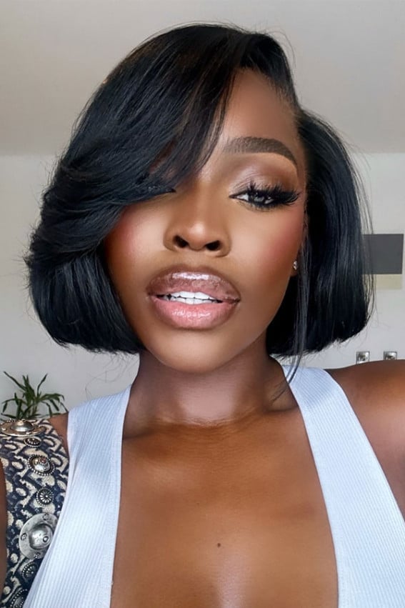 Layered Black Bob With Side-Swept Bangs Layered Black Bob With Side-Swept Bangs — Haircuts for Black Women