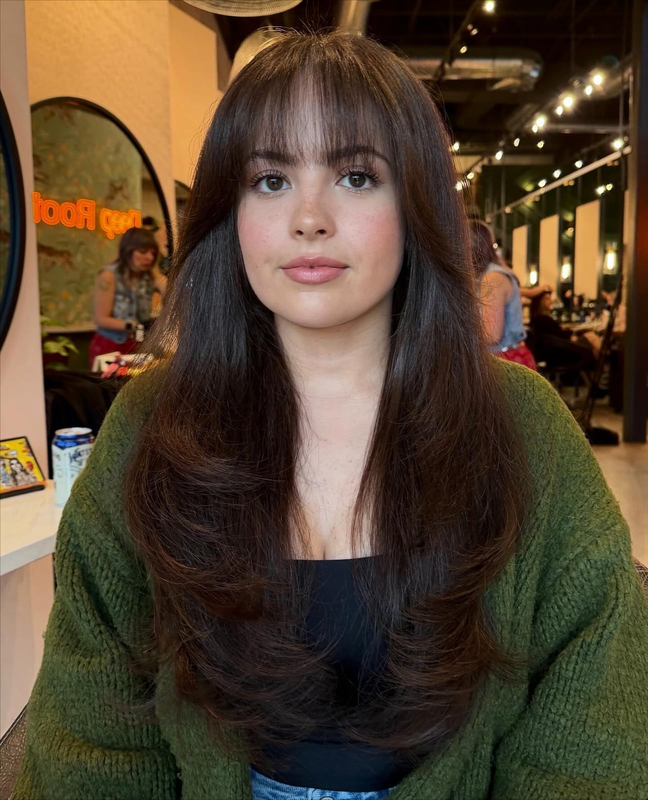 Mid-Back Dark Brown Voluminous Layers, Face-Framing Bangs Mid-Back Dark Brown Voluminous Layers, Face-Framing Bangs — Hairstyles for Teens