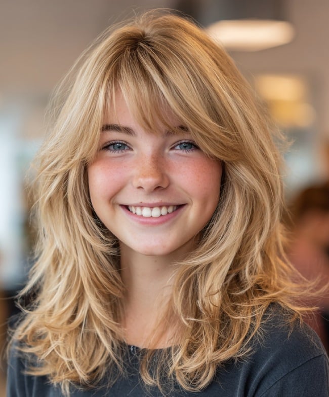 Honey Blonde Collarbone Shag With Full Bangs Honey Blonde Collarbone Shag With Full Bangs — Hairstyles for Teens