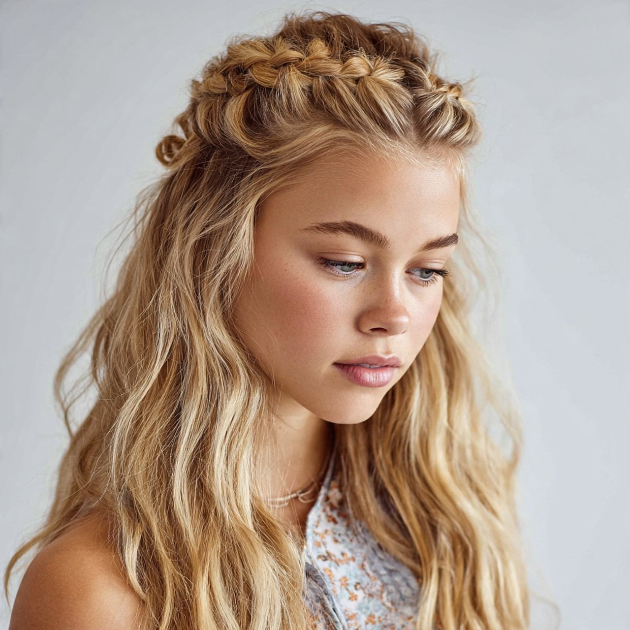 Mid-Back Blonde With Crown Braids Mid-Back Blonde With Crown Braids — Hairstyles for Teens