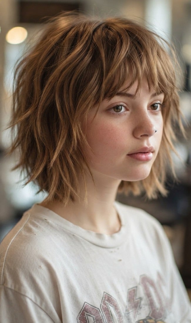 Collarbone Shag With Textured Layers and Full Fringe Collarbone Shag With Textured Layers and Full Fringe — Hairstyles for Teens