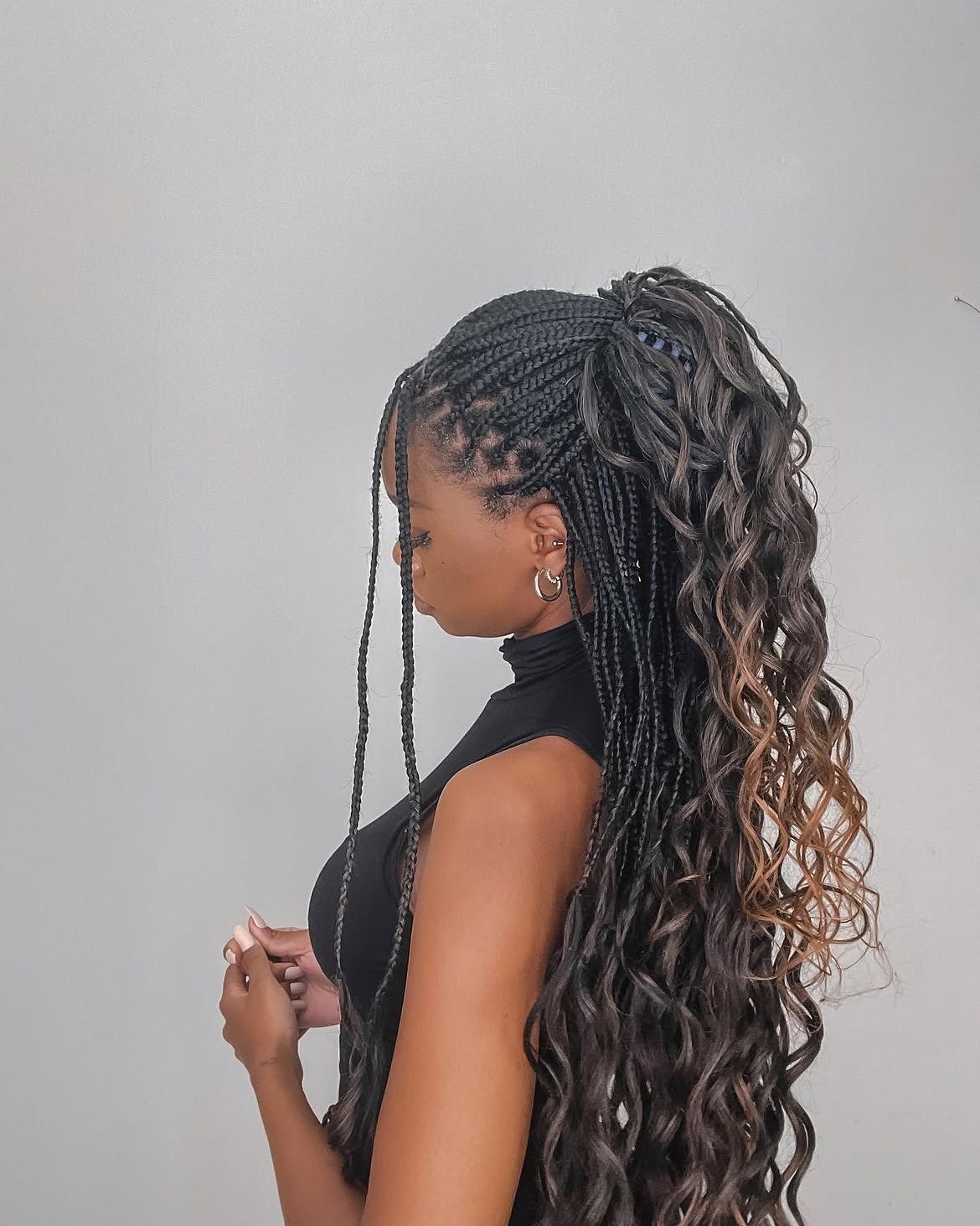 Half Up Curly Box Braids With Highlighted Ends