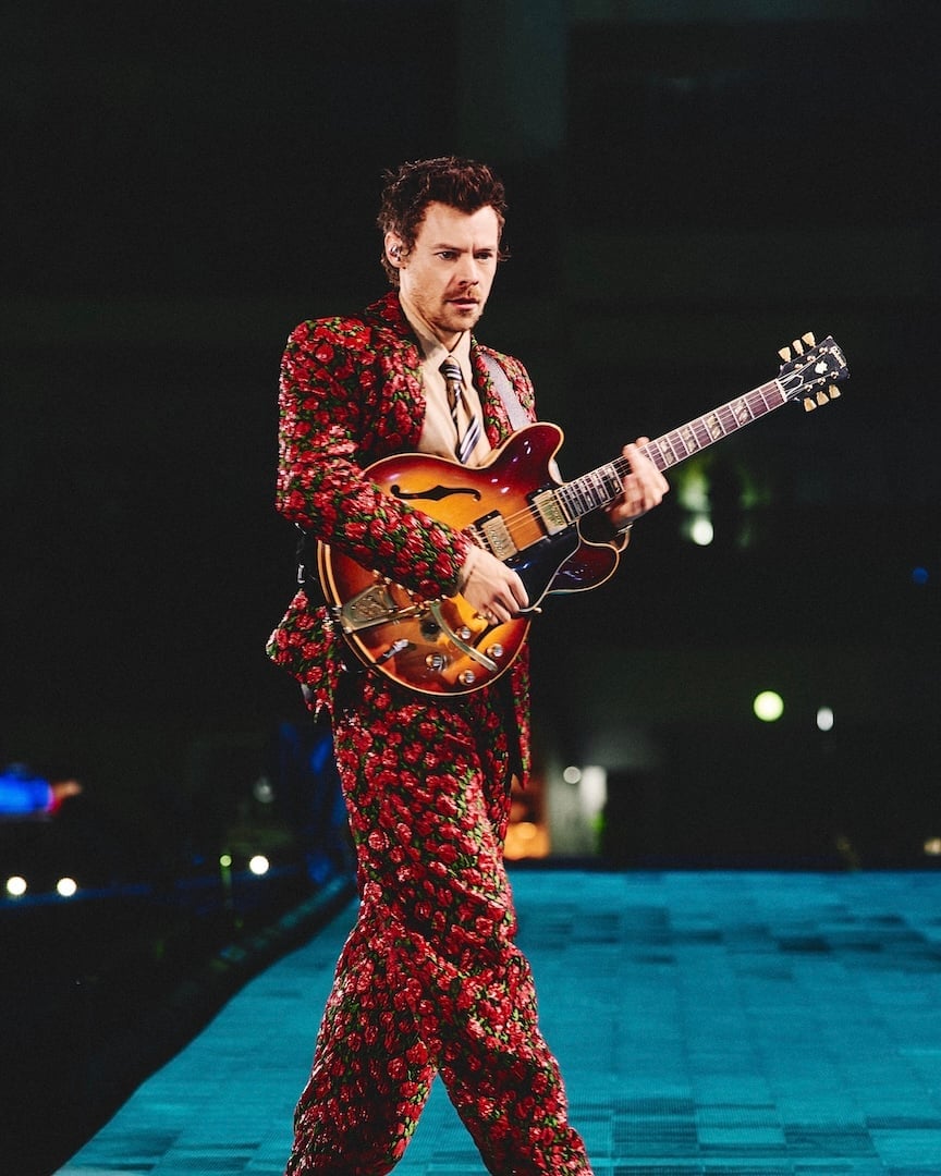Red Floral Print Suit and Striped Tie Red Floral Print Suit and Striped Tie — Harry Styles Outfits