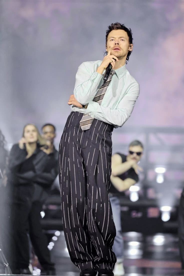 Pinstripe Wide-Leg Trousers and Blue Shirt Pinstripe Wide-Leg Trousers and Blue Shirt — Harry Styles Outfits