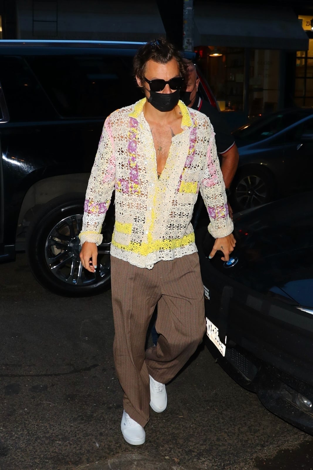 Crochet Knit Cardigan and Textured Trousers Crochet Knit Cardigan and Textured Trousers — Harry Styles Outfits