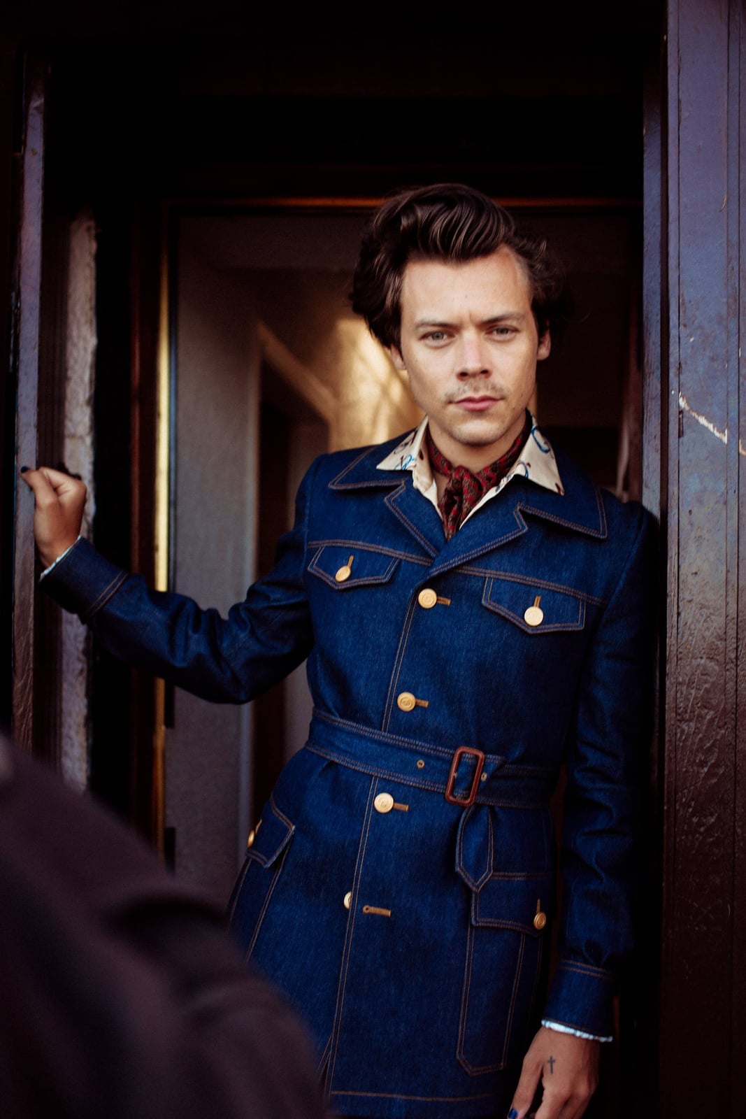 Belted Denim Jacket and Printed Shirt Belted Denim Jacket and Printed Shirt — Harry Styles Outfits