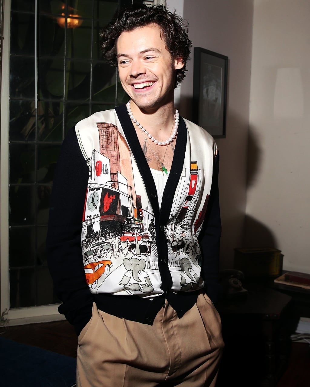 Graphic Print Cardigan and Tan Trousers Graphic Print Cardigan and Tan Trousers — Harry Styles Outfits