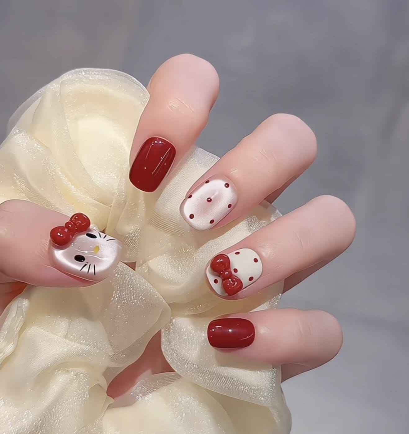 3D Hello Kitty Red Bow Square Nails 3D Hello Kitty Red Bow Square Nails — Hello Kitty Nails