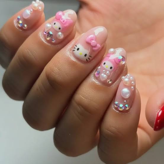 3D Hello Kitty Pearl Almond Nails 3D Hello Kitty Pearl Almond Nails — Hello Kitty Nails