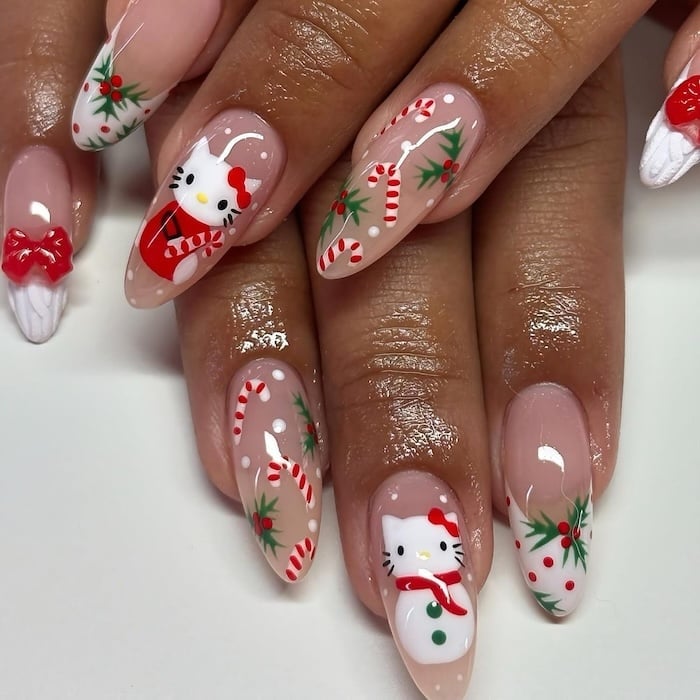 Christmas Hello Kitty Glitter Almond Nails Christmas Hello Kitty Glitter Almond Nails — Hello Kitty Nails