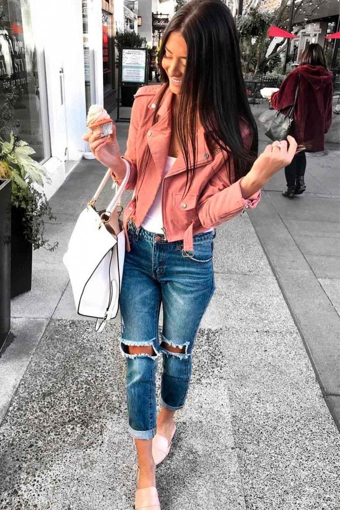 Pink Moto Jacket With Ripped Jeans Pink Moto Jacket With Ripped Jeans — High School Outfits