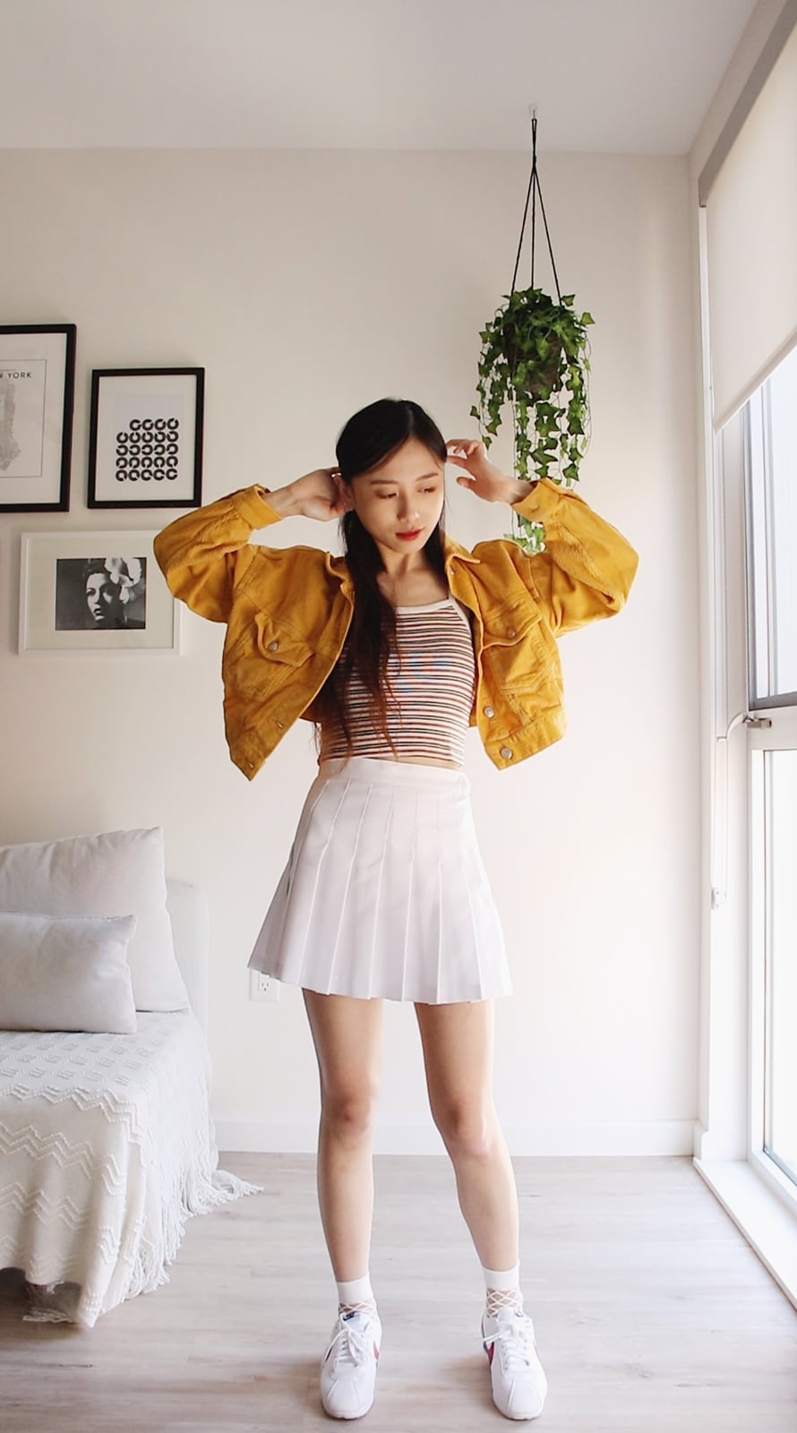 Yellow Denim Jacket Over Striped Tank And Pleated Mini Skirt Yellow Denim Jacket Over Striped Tank And Pleated Mini Skirt — High School Outfits