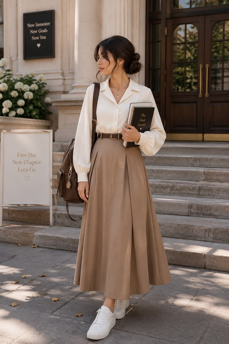 Cream Blouse With Tan Pleated Midi Skirt Cream Blouse With Tan Pleated Midi Skirt — High School Outfits