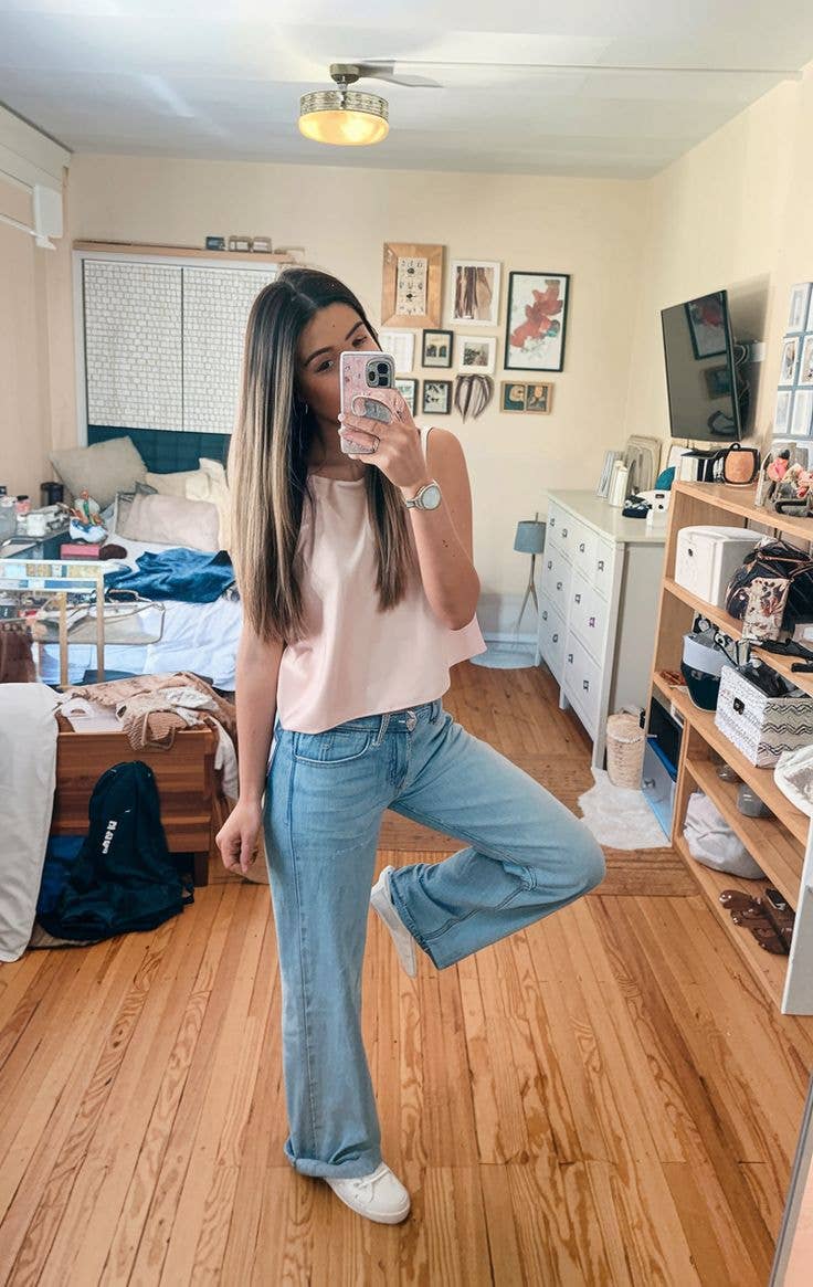 Pink Tank Top With Light Blue Wide Leg Jeans Pink Tank Top With Light Blue Wide Leg Jeans — High School Outfits