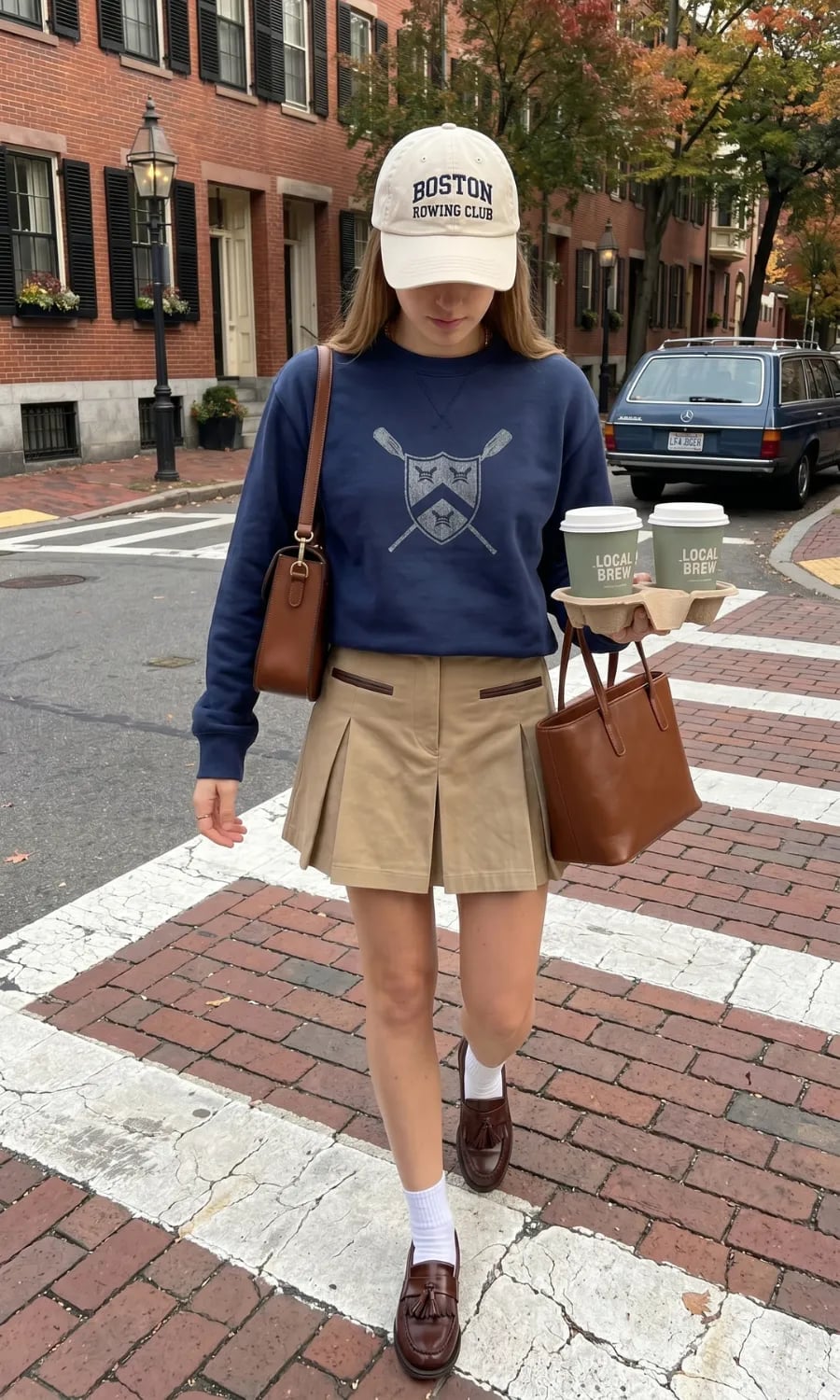 Navy Sweatshirt Over Khaki Pleated Mini Skirt Navy Sweatshirt Over Khaki Pleated Mini Skirt — High School Outfits