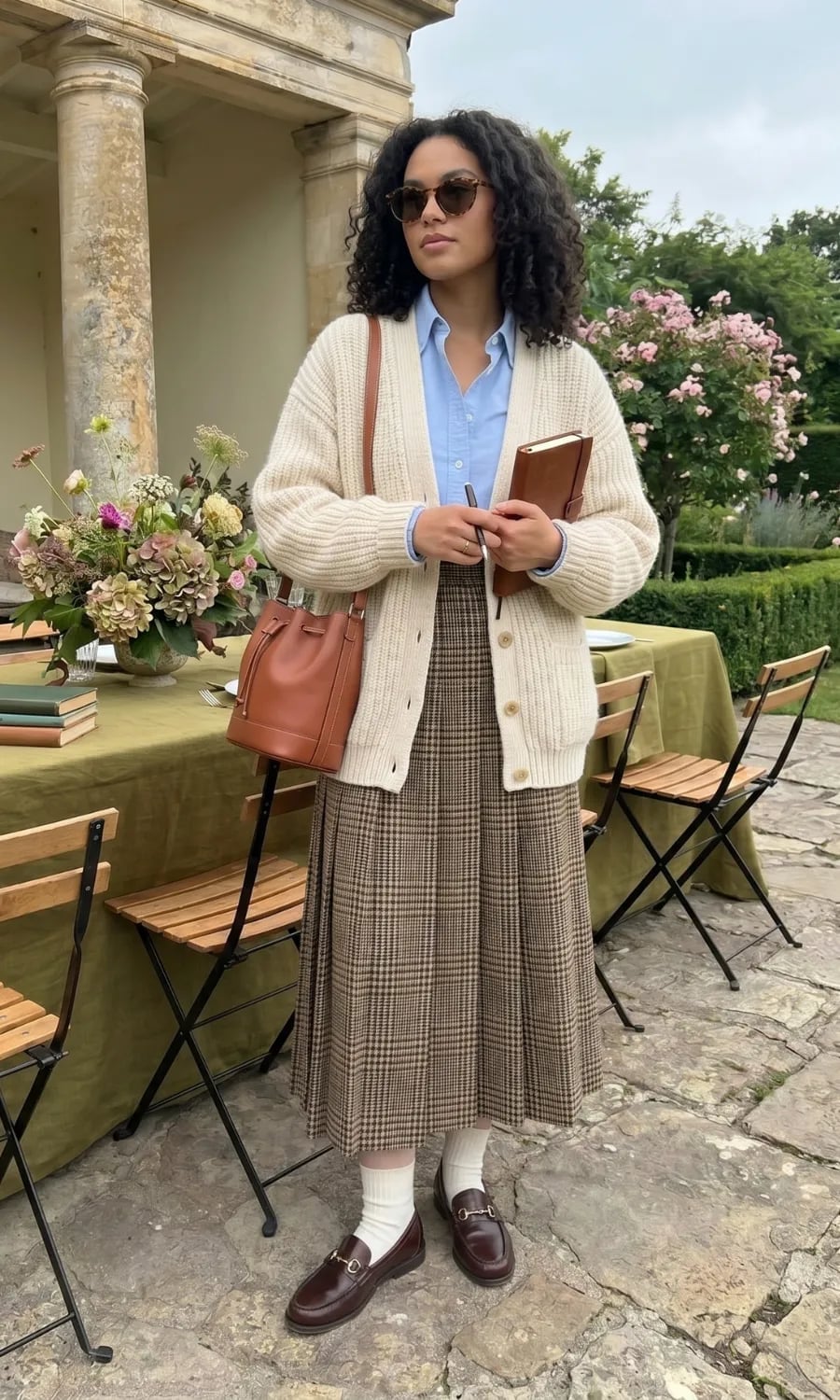 Cardigan Over Collared Shirt With Plaid Pleated Skirt Cardigan Over Collared Shirt With Plaid Pleated Skirt — High School Outfits