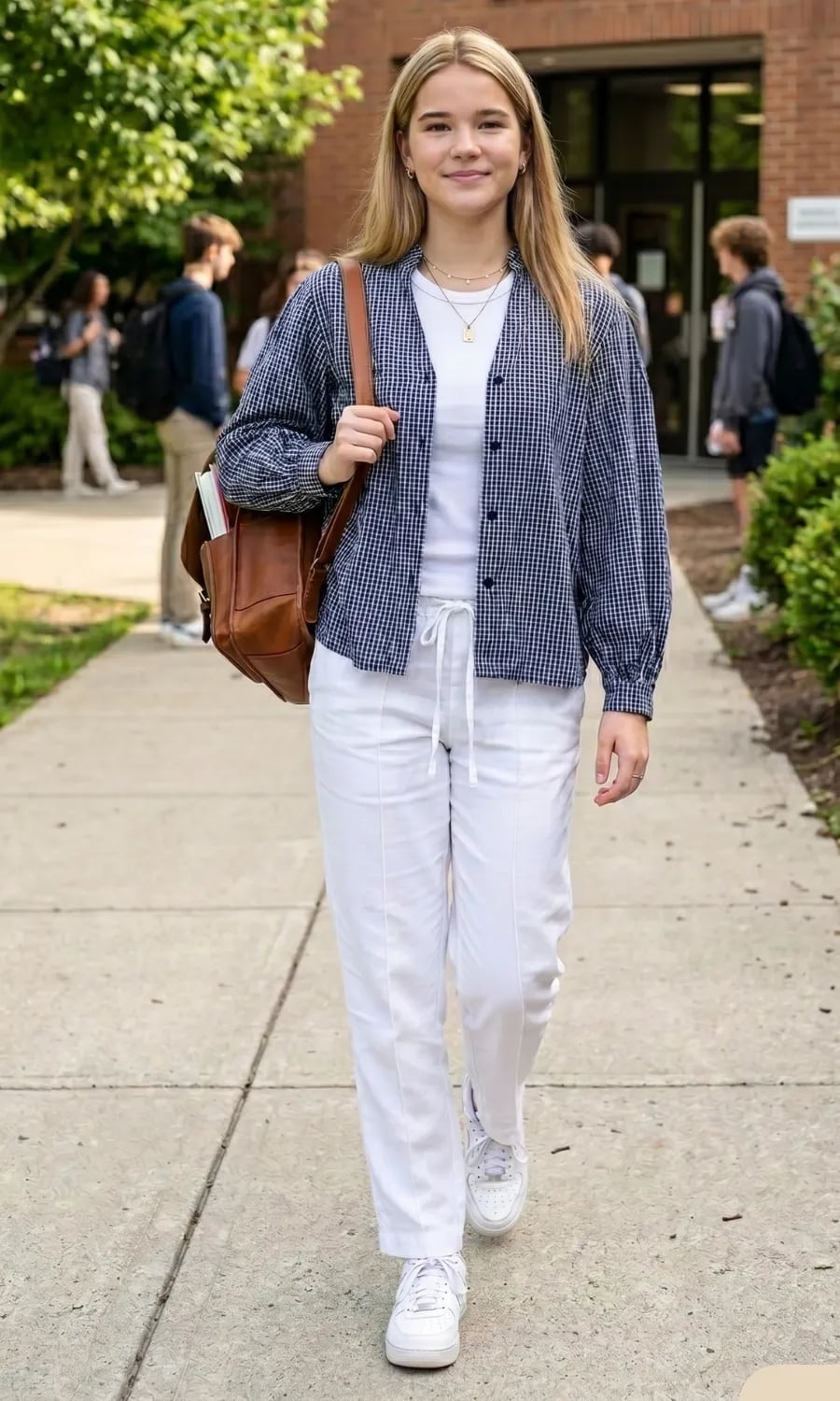 Gingham Shirt Over White Pants And T-shirt Gingham Shirt Over White Pants And T-shirt — High School Outfits