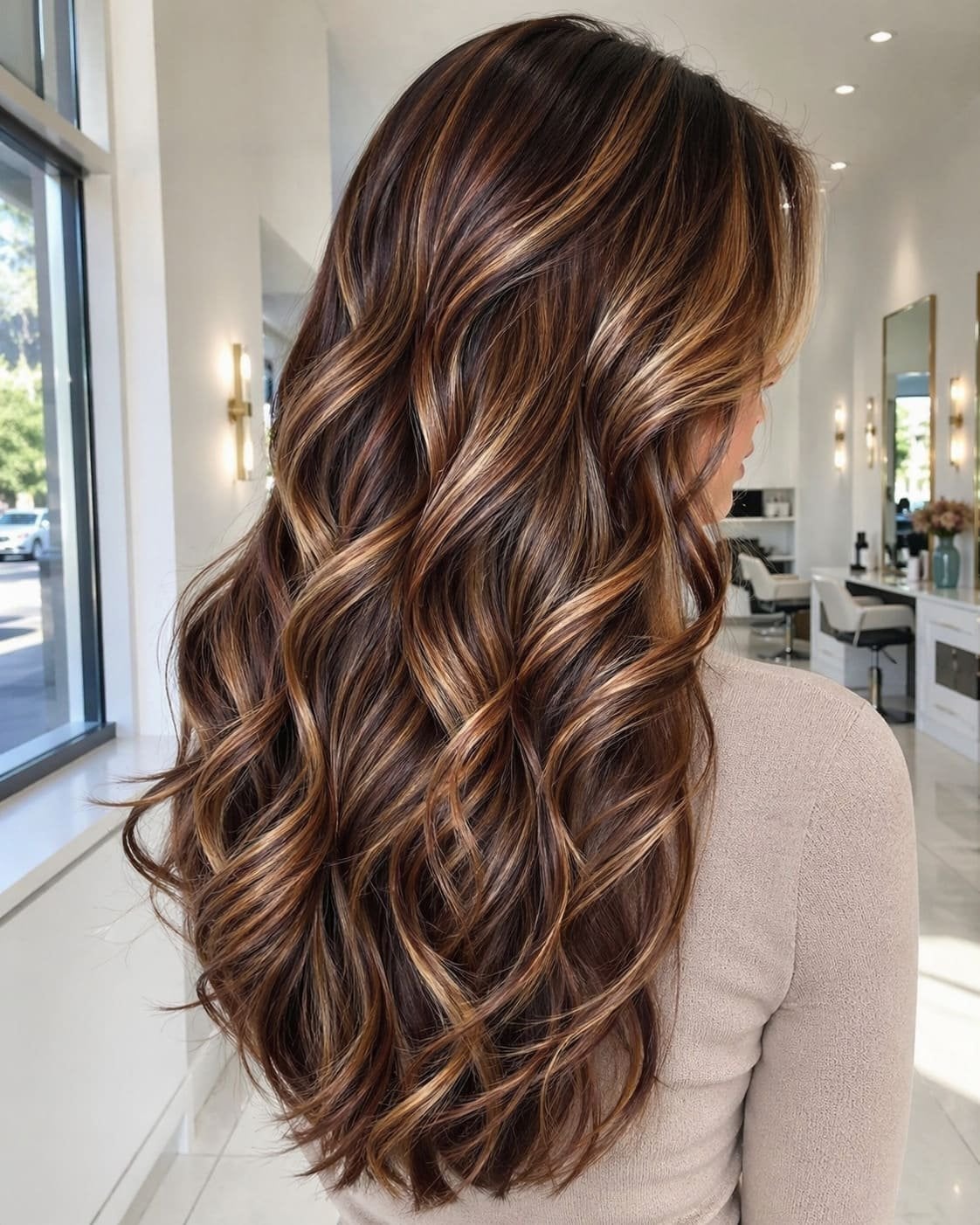 Mid-Back Length Waves With Vibrant Blonde And Caramel Highlights Mid-Back Length Waves With Vibrant Blonde And Caramel Highlights — Highlights on Brown Hair