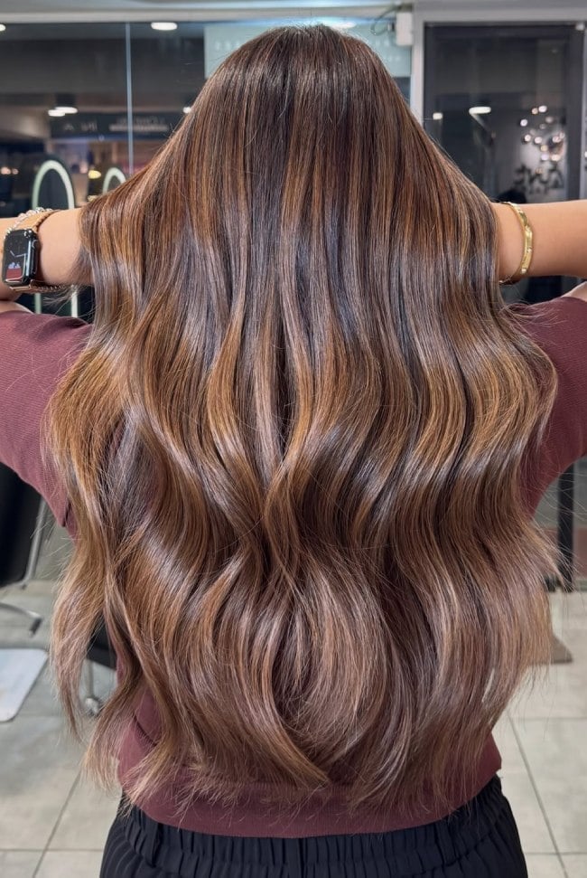 Mid-Back Brown With Cinnamon And Caramel Highlights Mid-Back Brown With Cinnamon And Caramel Highlights — Highlights on Brown Hair