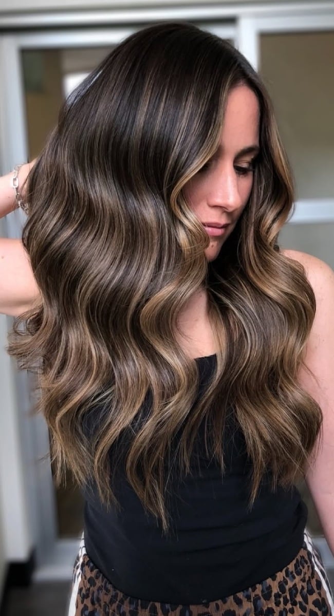 Mid-Back Dark Chocolate With Toffee Highlights Mid-Back Dark Chocolate With Toffee Highlights — Highlights on Brown Hair