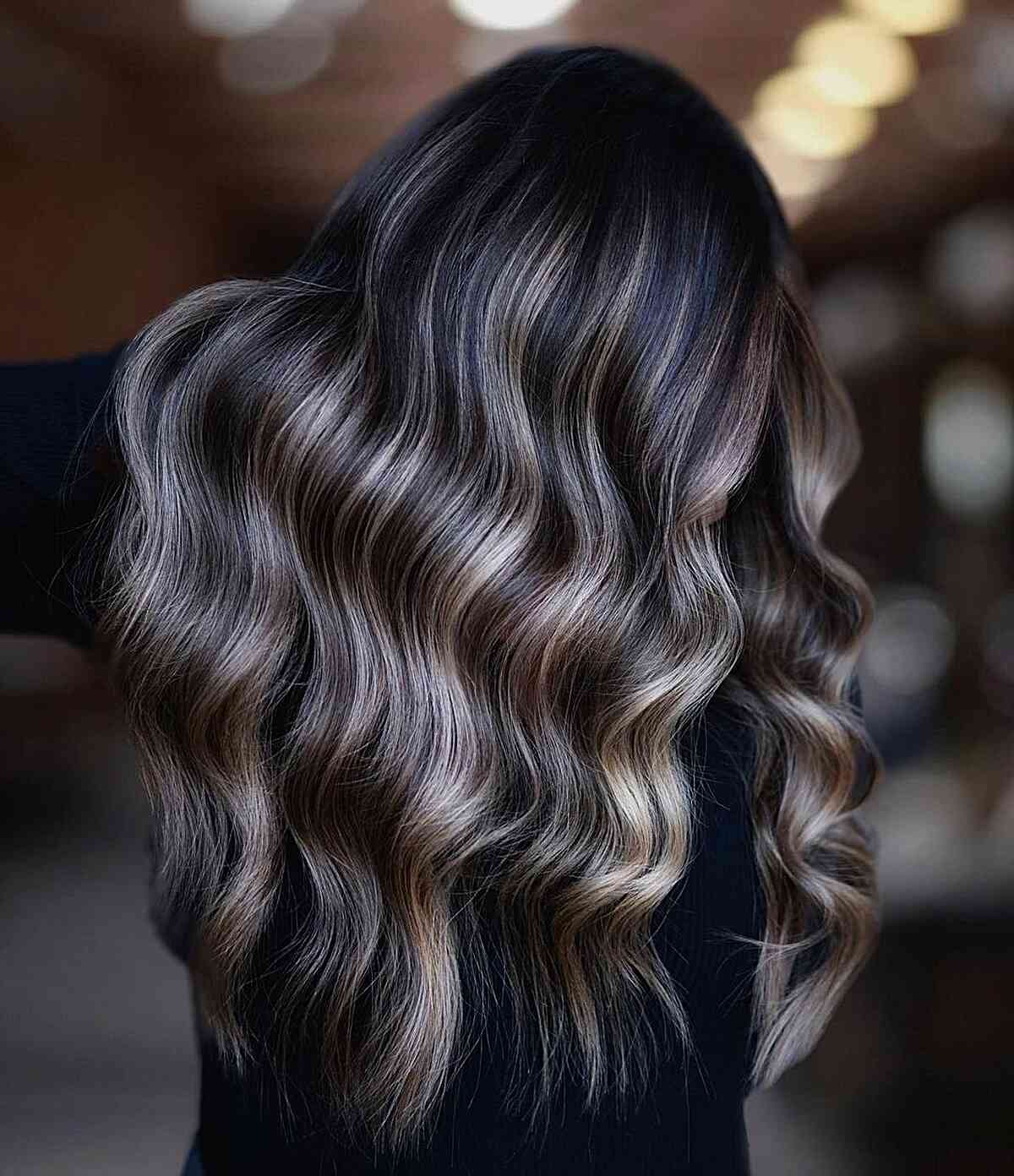 Long Layered Dark Brown With Ash Blonde and Brown Highlights Long Layered Dark Brown With Ash Blonde and Brown Highlights — Highlights on Dark Hair
