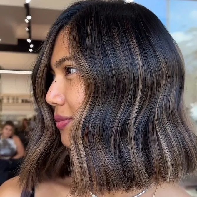 Chin Length Dark Brown Bob With Subtle Blonde Highlights Chin Length Dark Brown Bob With Subtle Blonde Highlights — Highlights on Dark Hair