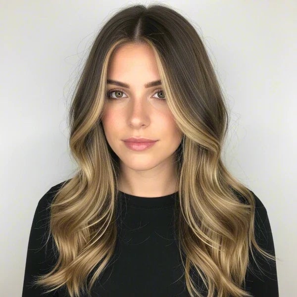 Mid-Back Dark Brown With Golden Brown Highlights Blowout Mid-Back Dark Brown With Golden Brown Highlights Blowout — Highlights on Dark Hair