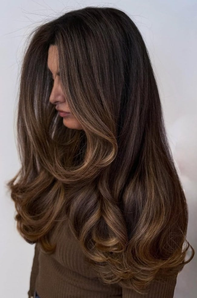Collarbone Layers With Toffee Brown Face-Framing Highlights Collarbone Layers With Toffee Brown Face-Framing Highlights — Highlights on Dark Hair
