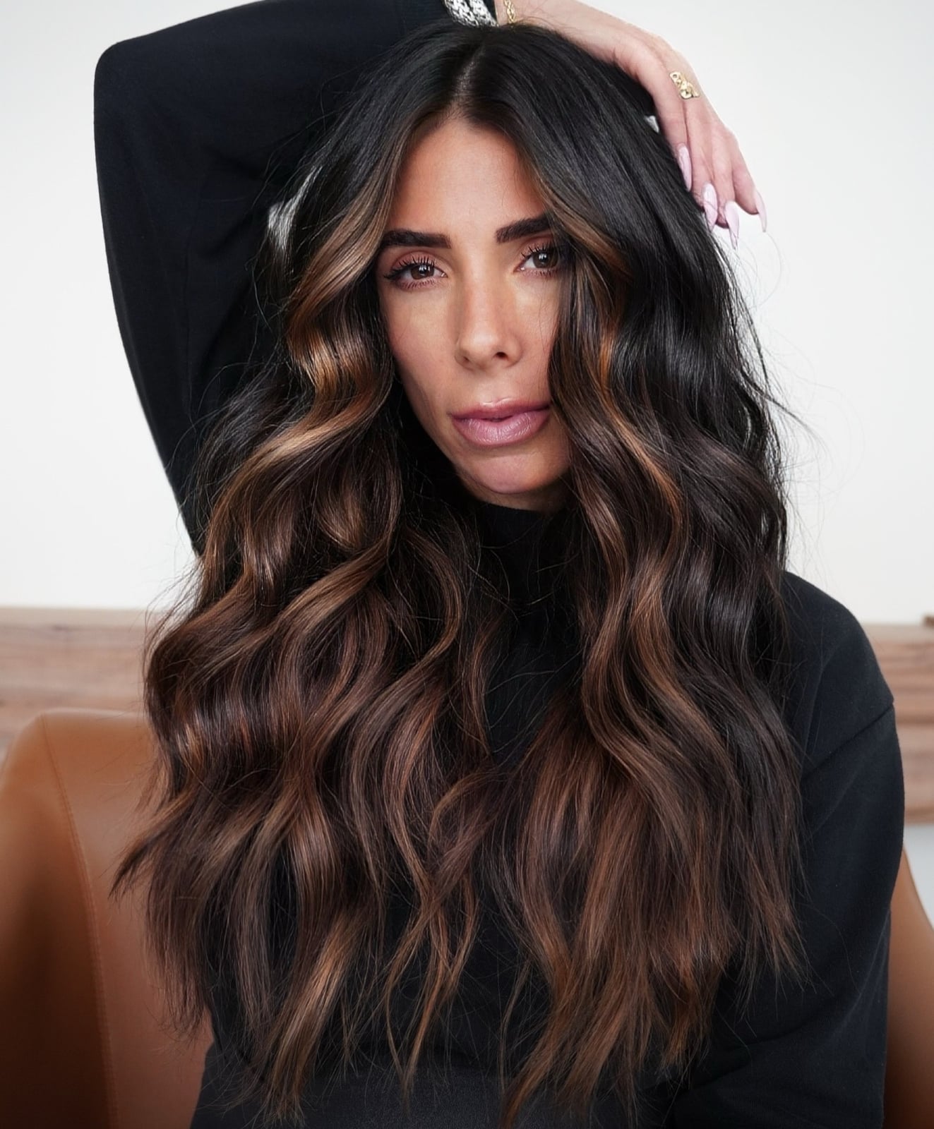 Mid-Back Dark Brown With Caramel Highlights and Curtain Bangs Mid-Back Dark Brown With Caramel Highlights and Curtain Bangs — Highlights on Dark Hair