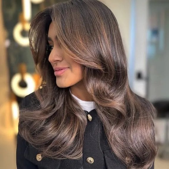 Mid-Back Dark Brown With Caramel Sun-Kissed Highlights Mid-Back Dark Brown With Caramel Sun-Kissed Highlights — Highlights on Dark Hair