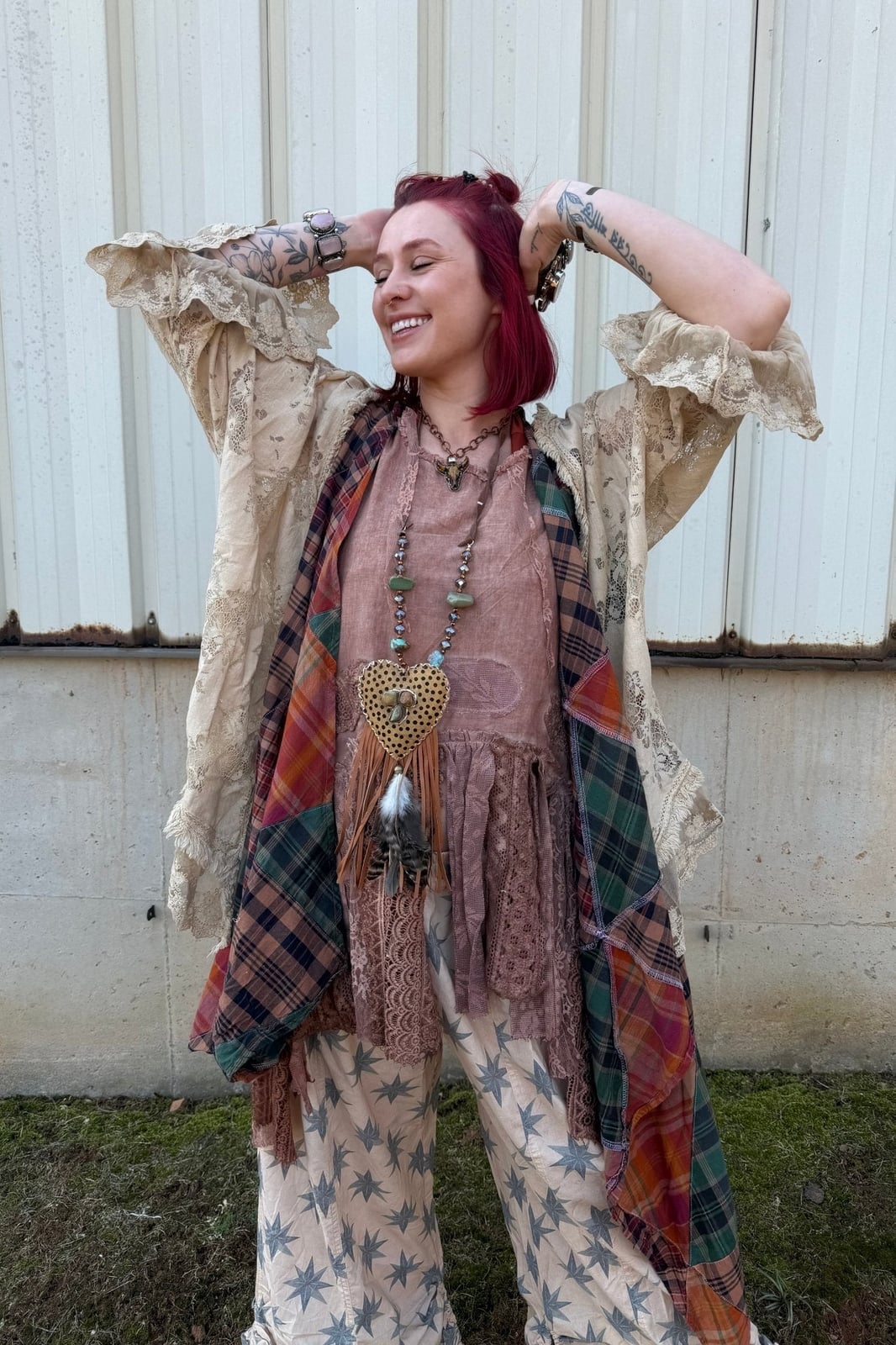 Lace Kimono With Plaid Vest And Patterned Pants, Close-Up Take Lace Kimono With Plaid Vest And Patterned Pants, Close-Up Take — Hippie Outfits
