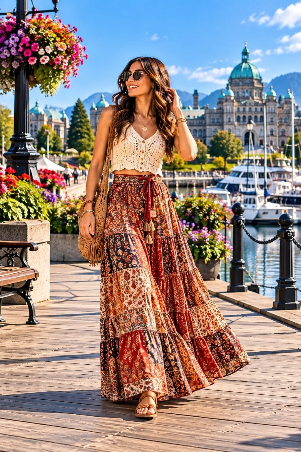 Patchwork Maxi Skirt With Crochet Crop Top, Close-Up Take Patchwork Maxi Skirt With Crochet Crop Top, Close-Up Take — Hippie Outfits