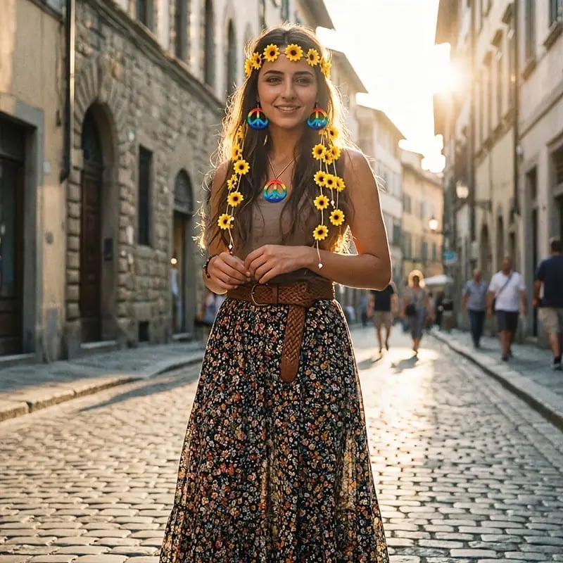 Floral Chiffon Maxi Skirt With Sleeveless Top, Brown Leather Belt Floral Chiffon Maxi Skirt With Sleeveless Top, Brown Leather Belt — Hippie Outfits