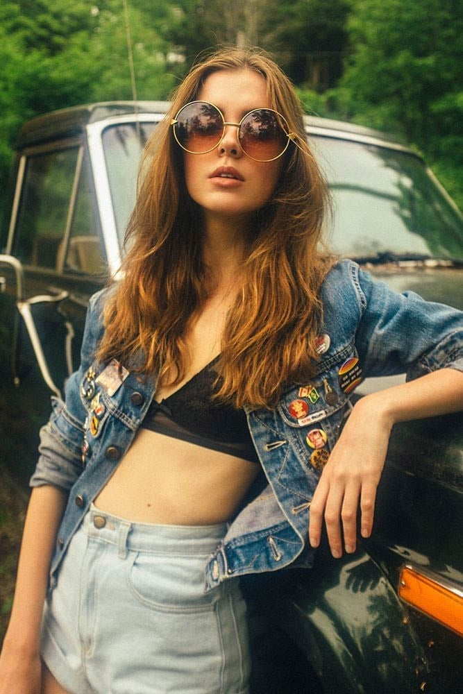 Patched Denim Jacket Over Lace Bralette Patched Denim Jacket Over Lace Bralette — Hippie Outfits