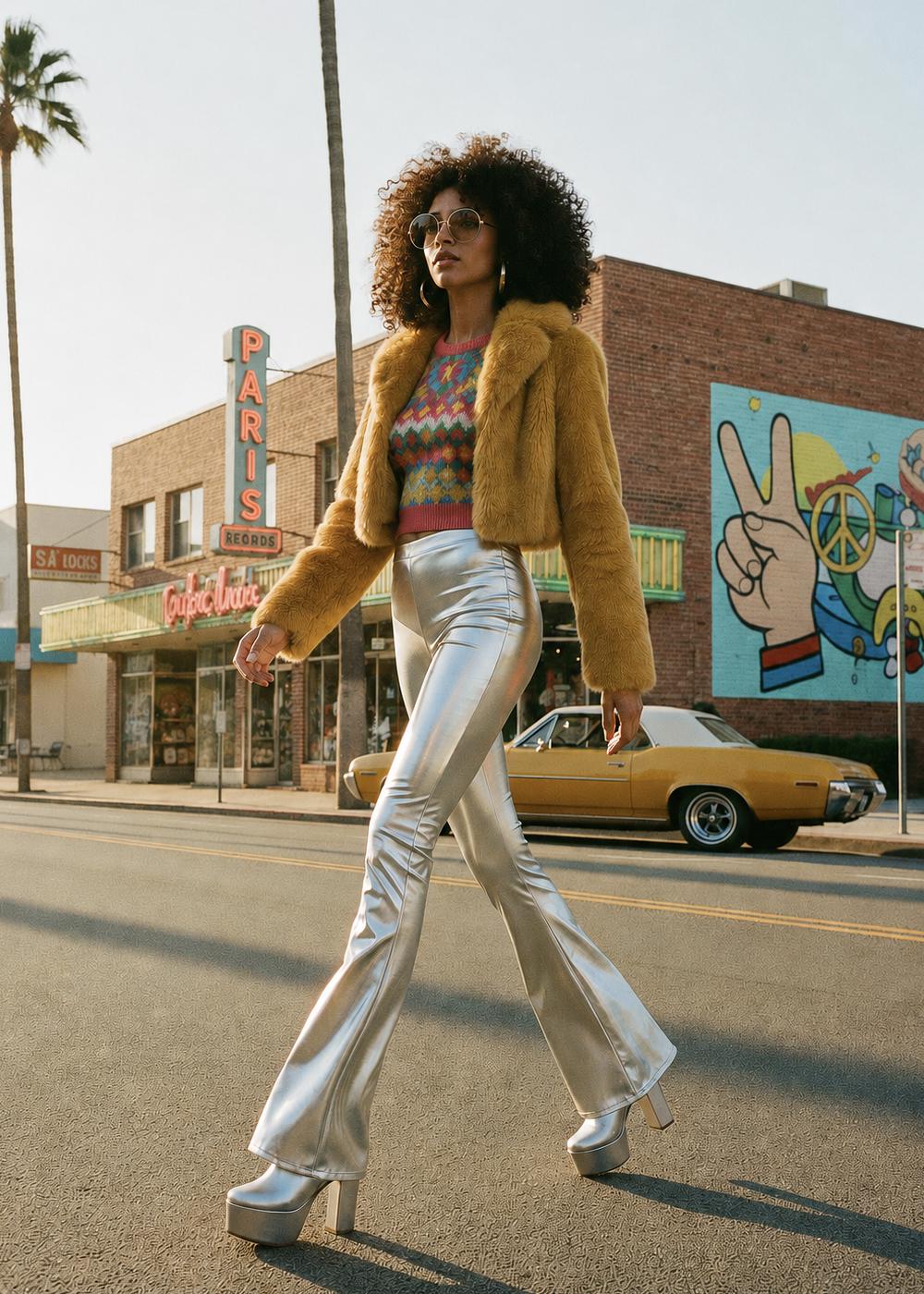 Metallic Flared Pants With Faux Fur Jacket Metallic Flared Pants With Faux Fur Jacket — Hippie Outfits