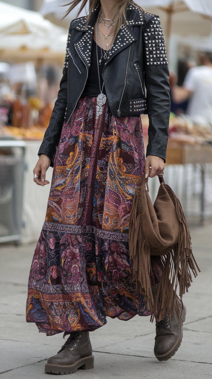 Studded Leather Jacket With Paisley Maxi Skirt Studded Leather Jacket With Paisley Maxi Skirt — Hippie Outfits