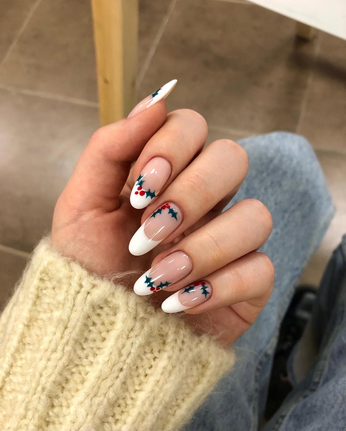 Holly Berry French Tip Almond Nails