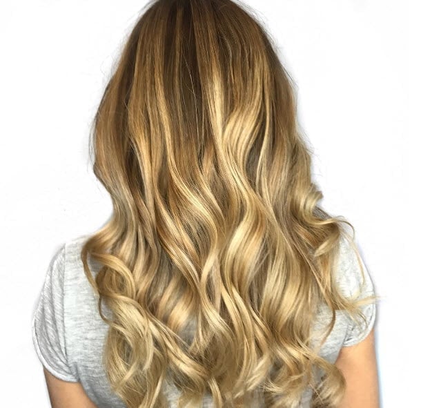 Mid-Back Honey Blonde With Root Shadow Gradient Mid-Back Honey Blonde With Root Shadow Gradient