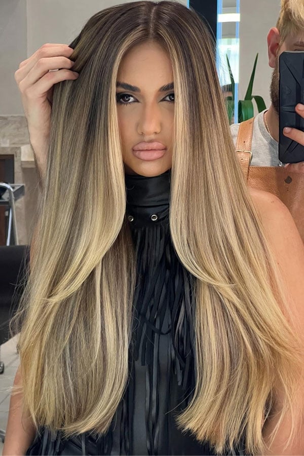 Mid-Back Honey Blonde With Face-Framing Curtain Bangs Mid-Back Honey Blonde With Face-Framing Curtain Bangs