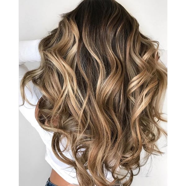 Mid-Back Honey Blonde Balayage Dimension, Wavy Mid-Back Honey Blonde Balayage Dimension, Wavy