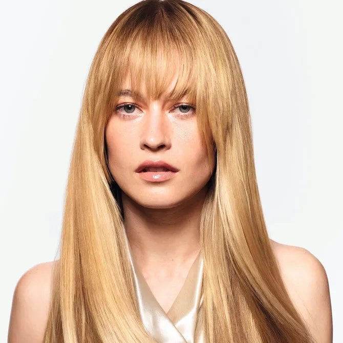 Shoulder Length Golden Blonde With Blunt Bangs Shoulder Length Golden Blonde With Blunt Bangs — Honey Blonde