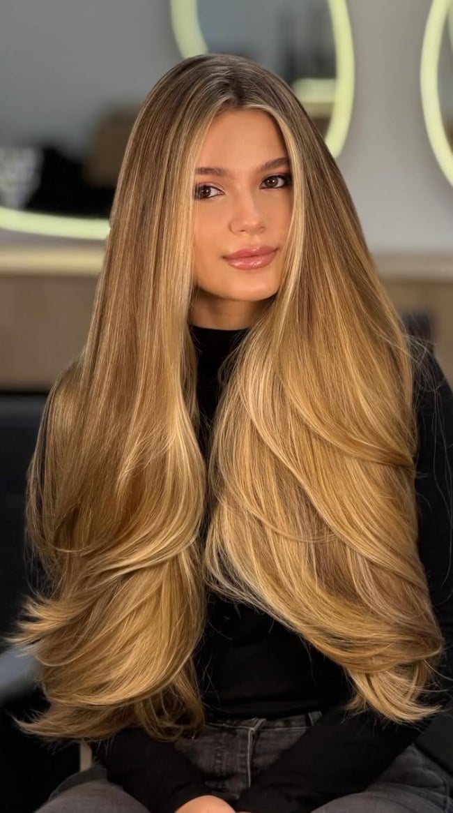 Ultra-Long Layers With Golden Honey Blonde Balayage Ultra-Long Layers With Golden Honey Blonde Balayage