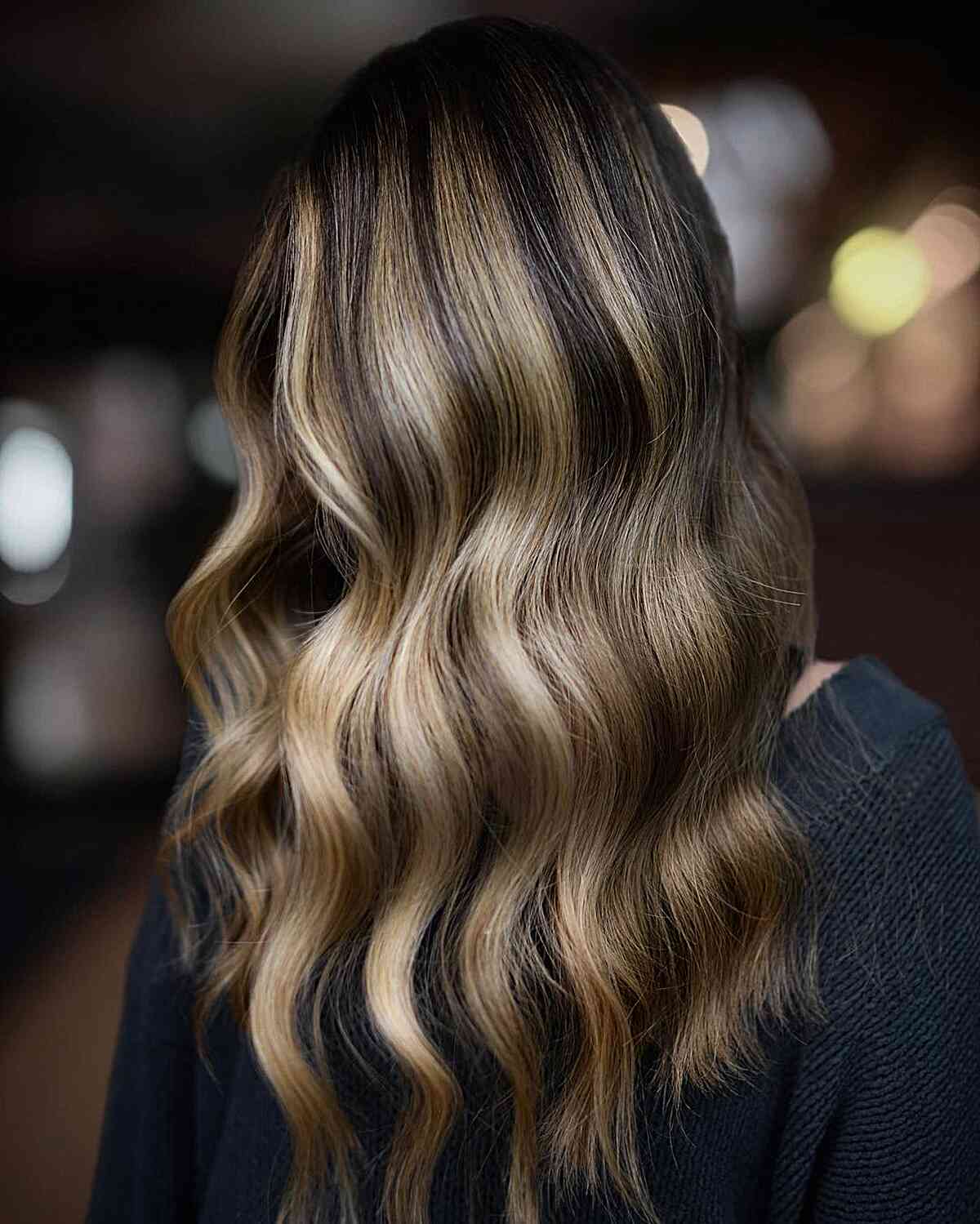 Mid-Back Dark Base With Honey Balayage Mid-Back Dark Base With Honey Balayage — Honey Blonde Balayage