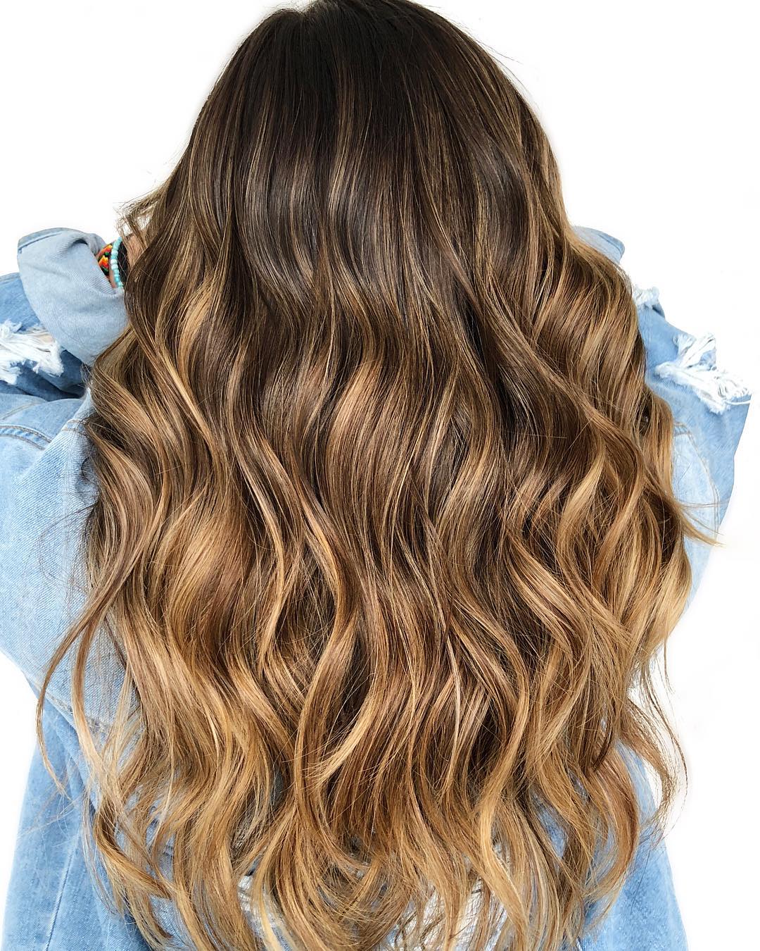 Mid-Back Dark Base With Honey Balayage, Long Layers Mid-Back Dark Base With Honey Balayage, Long Layers — Honey Blonde Balayage
