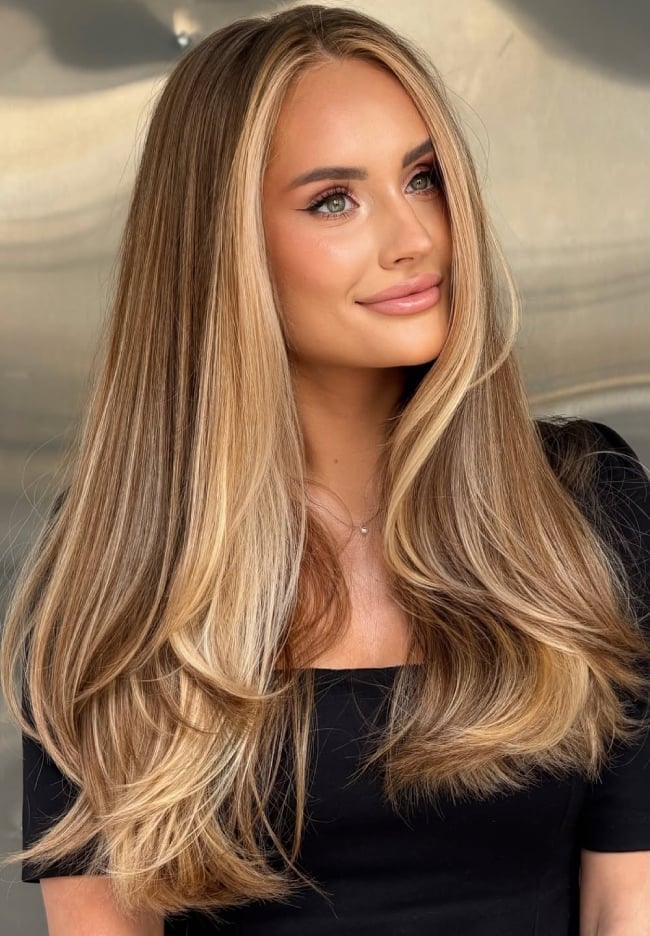 Mid-Back Balayage With Face-Framing Highlights Mid-Back Balayage With Face-Framing Highlights — Honey Blonde Balayage